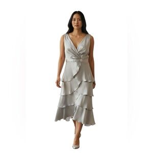 Patra Silver Satin Tiered V-Neck Cocktail Dress